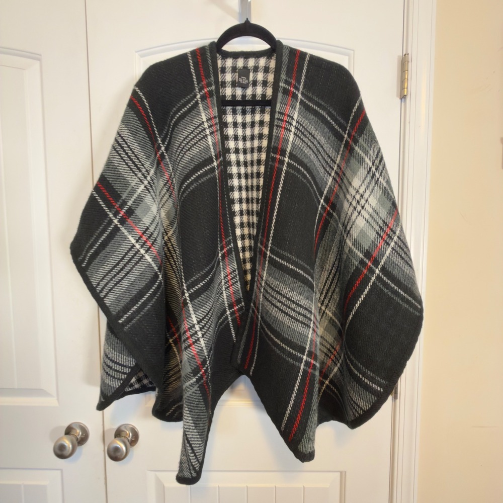 Reversible Plaid Houndstooth Open Front Poncho Wrap Shawl Cape Chic Fall Classy - Picture 5 of 9